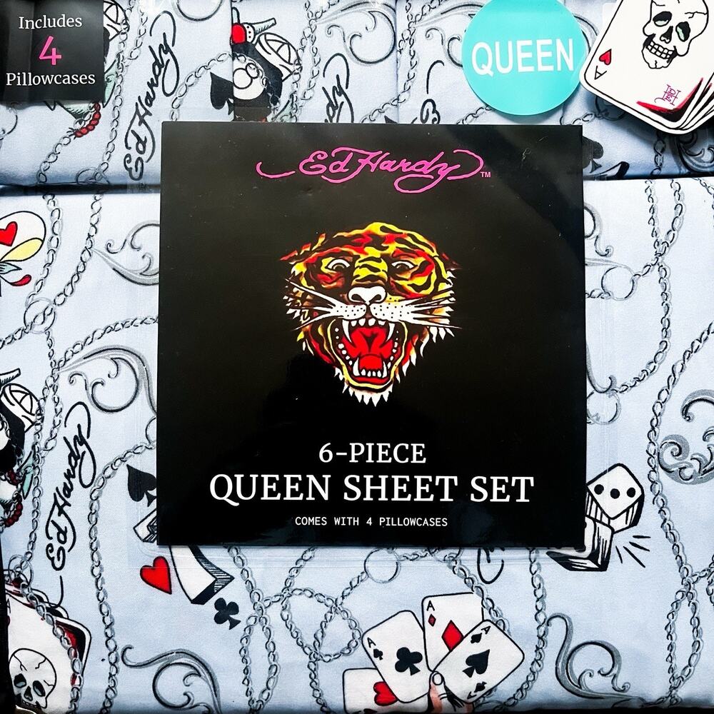 NEW Ed Hardy 6 Piece Sheet Set Extra Pillowcases - Blue Skulls Cards, Queen Size